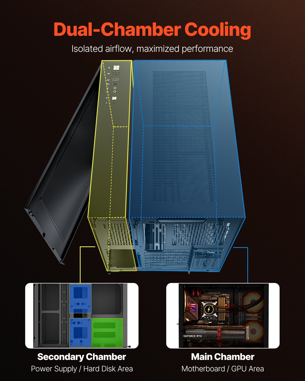 Dual-Chamber Mid Tower Gaming PC Case - Panoramic Tempered Glass, High-Airflow ATX Case with 9 Fan Support, Black