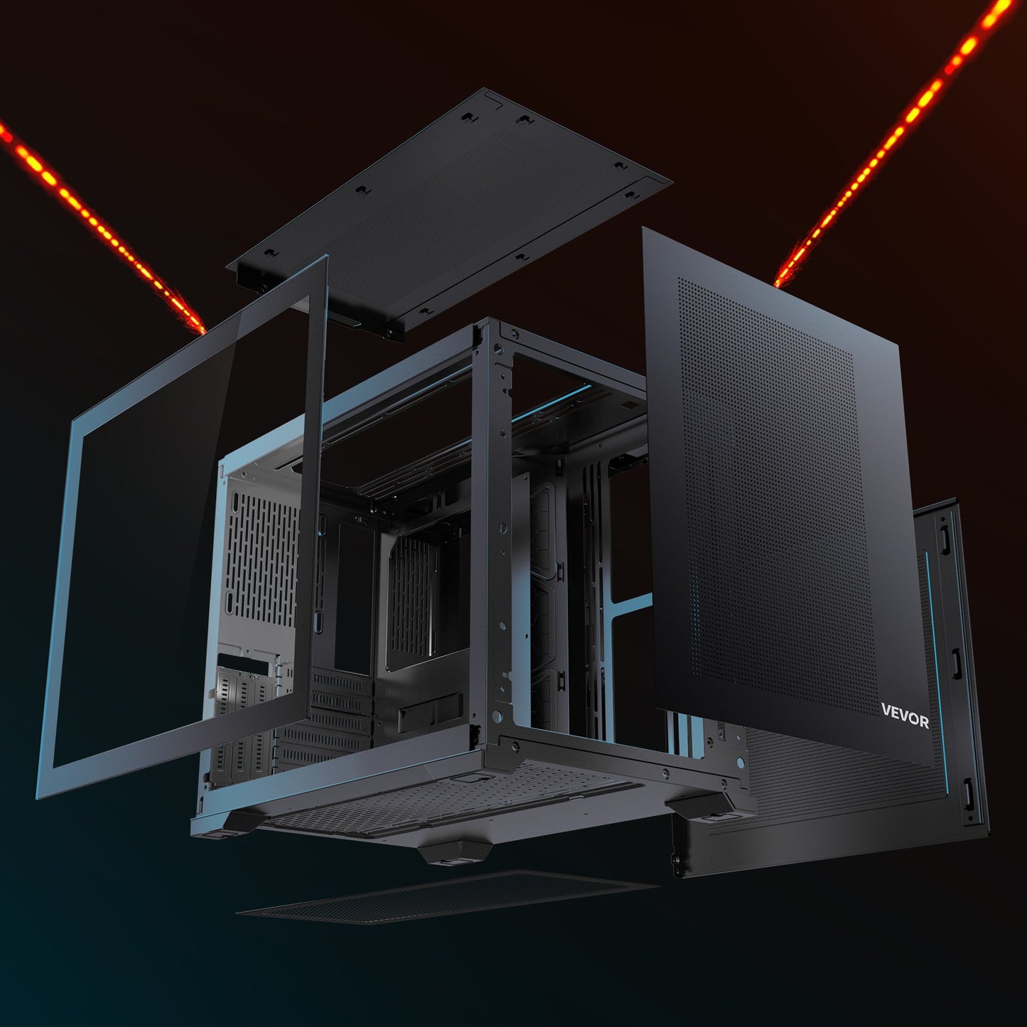 Dual-Chamber Mid Tower Gaming PC Case - Panoramic Tempered Glass, High-Airflow ATX Case with 9 Fan Support, Black